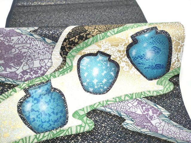 平和屋着物●太鼓柄袋帯 作家物 陶器花文 金彩 正絹 逸品 CABI0355hy