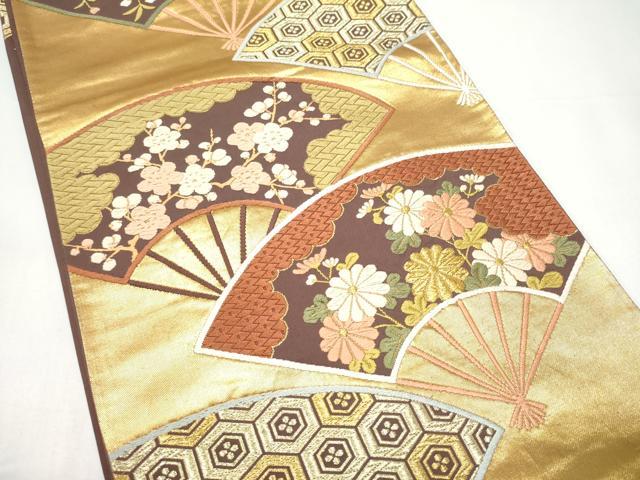 平和屋着物●西陣 河合美術織物謹製 六通柄袋帯 唐織 扇面草花文 金糸 正絹 逸品 CABI0357hy