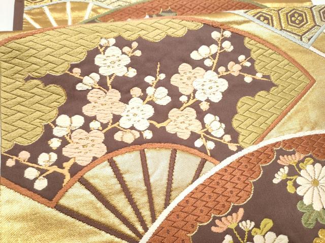 平和屋着物●西陣 河合美術織物謹製 六通柄袋帯 唐織 扇面草花文 金糸 正絹 逸品 CABI0357hy