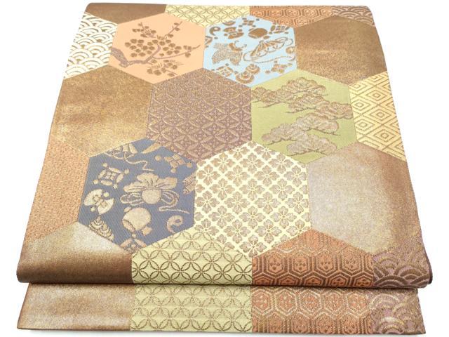 平和屋着物●西陣 紫鉱謹製 六通柄袋帯 亀甲草花文 金糸 正絹 逸品 CABI0366hy