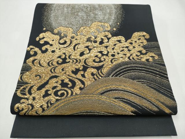 平和屋着物●全通柄袋帯 流水文 黒地 金通し地 正絹 逸品 CABI0367hy