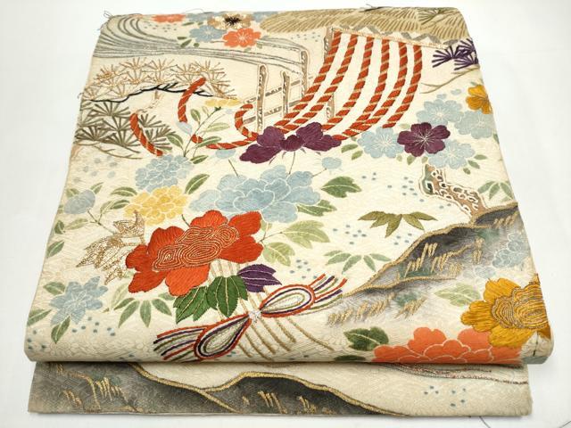 平和屋着物●アンティーク 大正ロマン 六通柄袋帯 駒刺繍 草花文 正絹 逸品 CABI0391hy