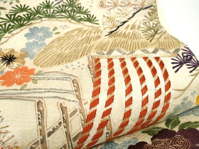 平和屋着物●アンティーク 大正ロマン 六通柄袋帯 駒刺繍 草花文 正絹 逸品 CABI0391hy