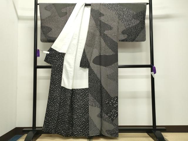 平和屋着物●山下晴三 京友禅競技大会受賞 訪問着 寄せ小紋柄 黒地 正絹 逸品 未使用 CABI0423gh