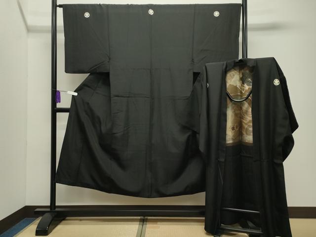 平和屋着物●男性 黒紋付 羽織セット 羽裏:冊子鼓吉祥文 正絹 逸品 CABI0442gh