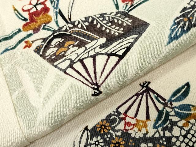 平和屋着物●上質な小紋 型染め 扇面舞蝶花文 正絹 逸品 CABI0504gh