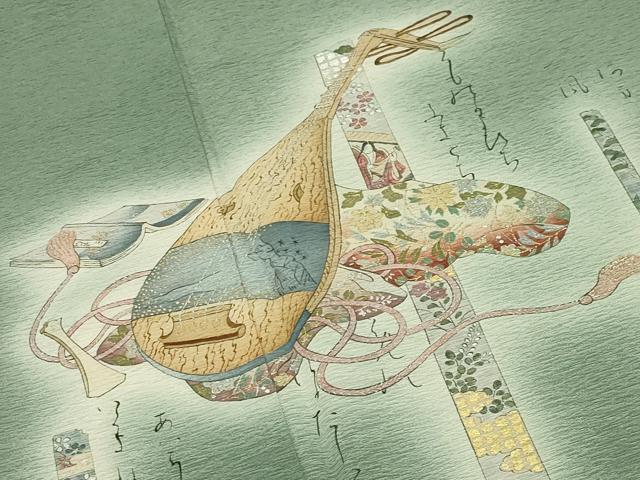 平和屋着物●友禅師・京の名工・伝統工芸士・樽本伊勢蔵訪問着 手描き 琵琶 楽器人物風景文 暈し染め 金銀彩 正絹 逸品 CABI0535gh