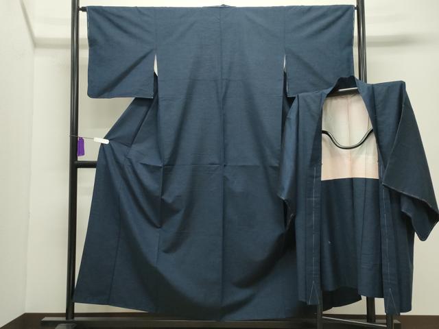 平和屋着物●上質な紬 アンサンブル 色無地 藍色 正絹 逸品 CABI0541gh