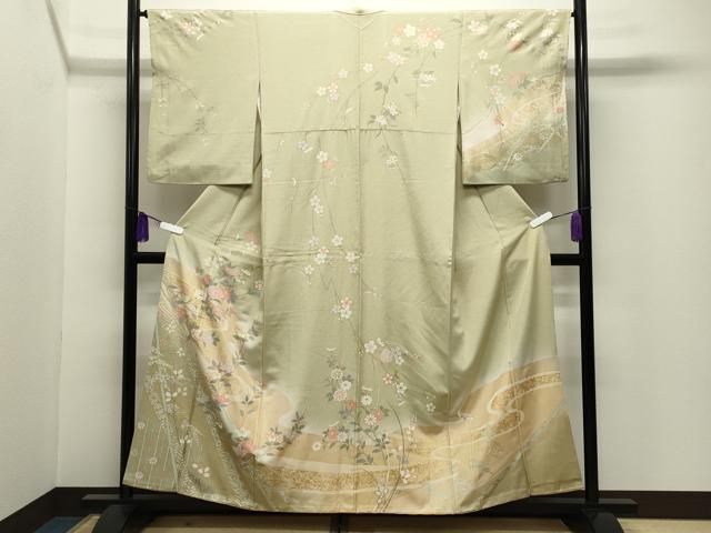 平和屋着物●訪問着 流水草花文 暈し染め 金彩 正絹 逸品 CABI0572gh