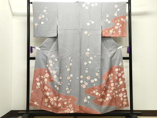 平和屋着物●訪問着 枝梅文 金彩 銀通し地 正絹 逸品 CABI0583gh