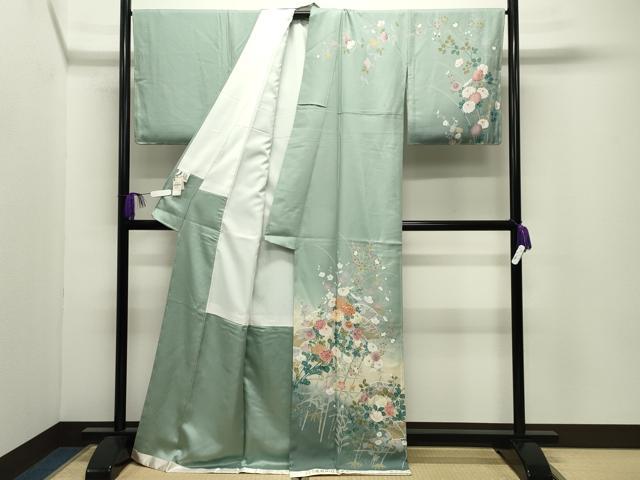 平和屋着物●訪問着 駒刺繍 地紙重ね花文 暈し染め 金彩 上代35万 ロング丈 正絹 逸品 未使用 CABI0590gh