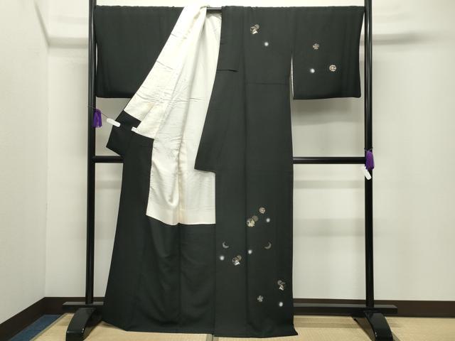 平和屋着物●訪問着 刺繍 跳兎雪輪花文 蛍暈し 黒地 金銀糸 ロング丈 正絹 逸品 CABI0609gh