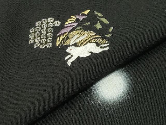 平和屋着物●訪問着 刺繍 跳兎雪輪花文 蛍暈し 黒地 金銀糸 ロング丈 正絹 逸品 CABI0609gh