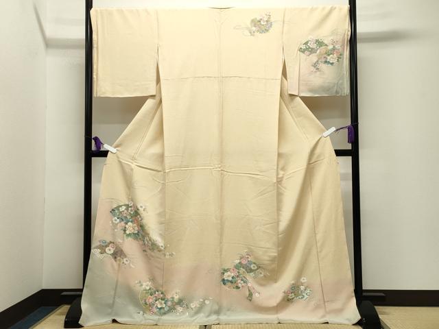 平和屋着物●訪問着 駒刺繍 流水地紙花文 暈し染め 金彩 ロング丈 正絹 逸品 CABI0627gh