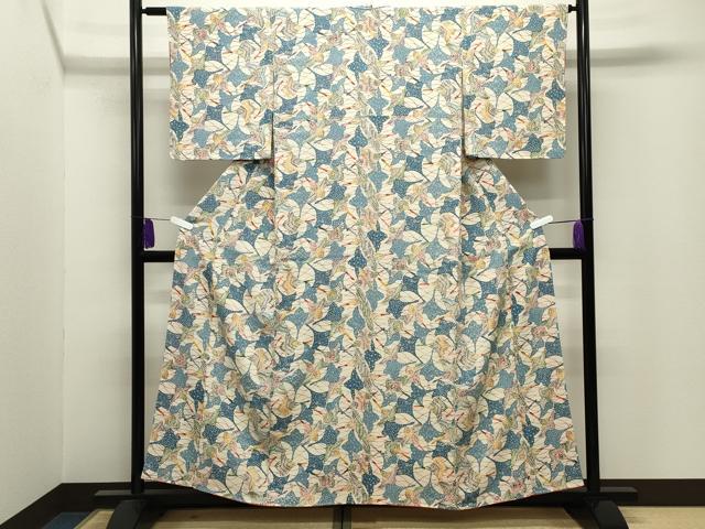 平和屋着物●上質な小紋 型染め 群鶴花文 鬼しぼ縮緬 正絹 逸品 未使用 CABI0640gh