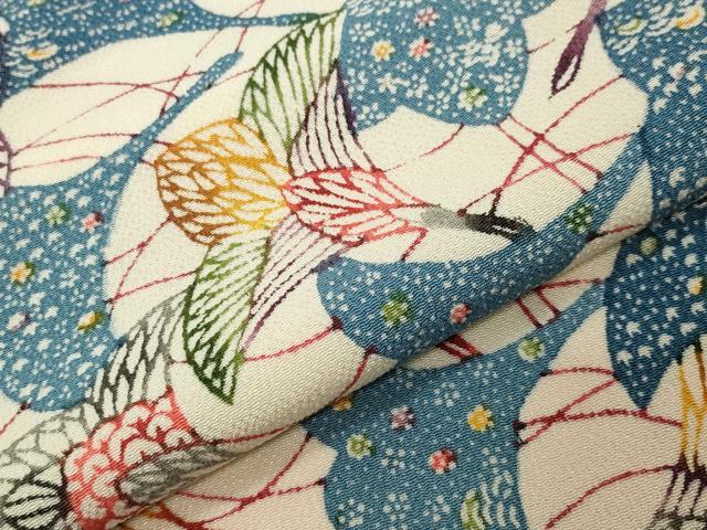 平和屋着物●上質な小紋 型染め 群鶴花文 鬼しぼ縮緬 正絹 逸品 未使用 CABI0640gh