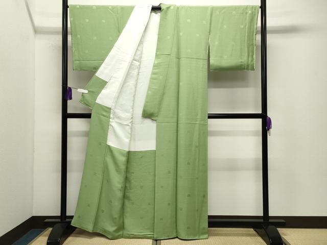 平和屋着物●上質な色無地 吉祥地紋 若苗色 正絹 逸品 未使用 CABI0652gh
