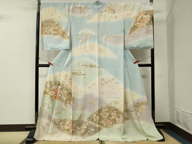 平和屋着物●訪問着 駒刺繍 宝尽くし草花文 暈し染め 金彩 ロング丈 正絹 逸品 未使用 CABI0675gh