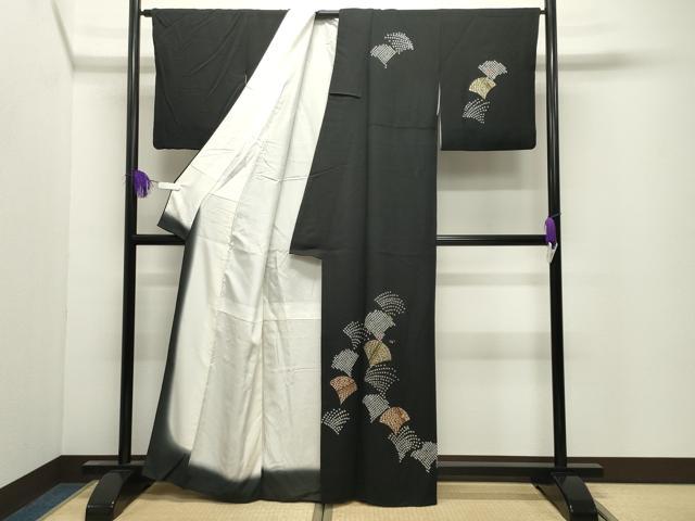 平和屋着物●訪問着 絞り 刺繍 舞花文 黒地 金彩 正絹 逸品 CABI0721gh