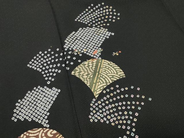 平和屋着物●訪問着 絞り 刺繍 舞花文 黒地 金彩 正絹 逸品 CABI0721gh