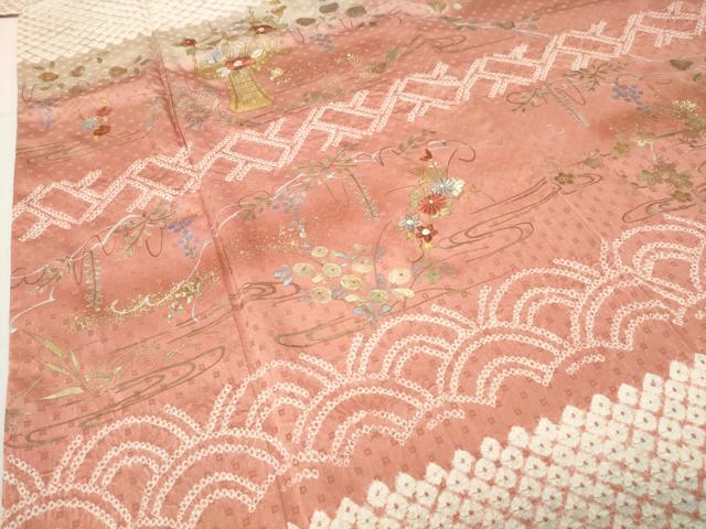 平和屋着物●訪問着 絞り 刺繍 流水草花文 暈し染め 金銀彩 ますいわ屋扱い 正絹 逸品 CABI0724gh