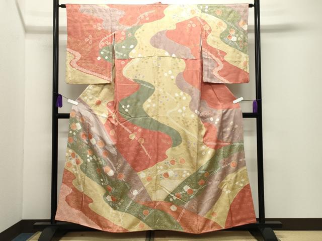 平和屋着物●訪問着 絞り 舞桜文 金彩 正絹 逸品 CABI0732gh