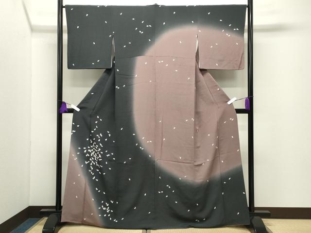 平和屋着物●訪問着 舞桜文 暈し染め 黒地 鬼しぼ縮緬 正絹 逸品 CABI0740gh