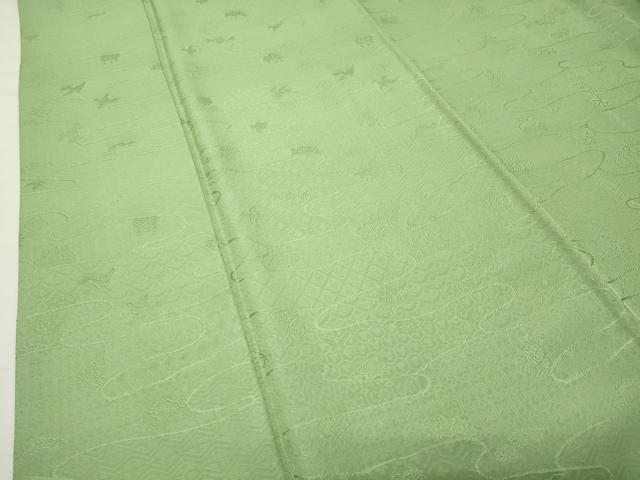 平和屋着物●上質な色無地 エ霞花鳥地紋 苗色 正絹 逸品 CABI0772gh