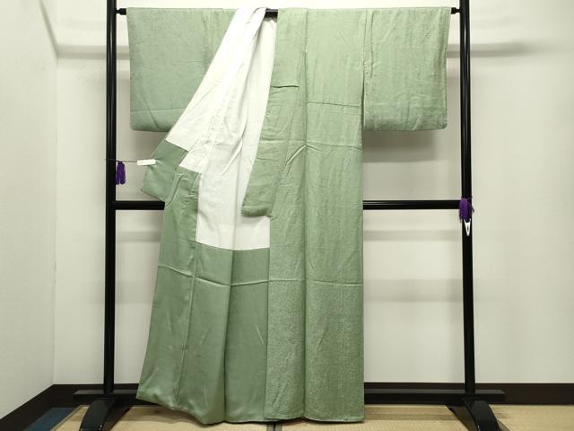 平和屋着物●上質な色無地 草花地紋 若葉色 正絹 逸品 CABI0789gh