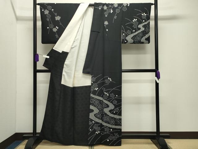 平和屋着物●訪問着 総絞り 流水草花文 黒地 正絹 逸品 CABI0793gh
