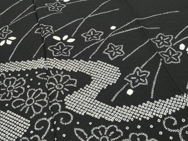 平和屋着物●訪問着 総絞り 流水草花文 黒地 正絹 逸品 CABI0793gh