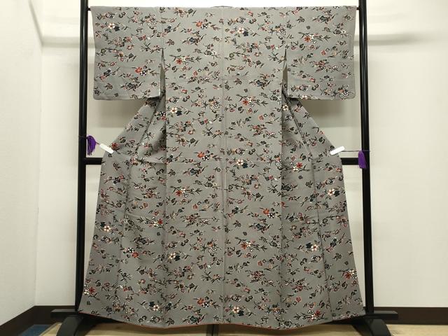 平和屋着物●上質な小紋 型染め 枝梅舞蝶文 鬼しぼ縮緬 背抜き仕立て 正絹 逸品 CABI0815gh