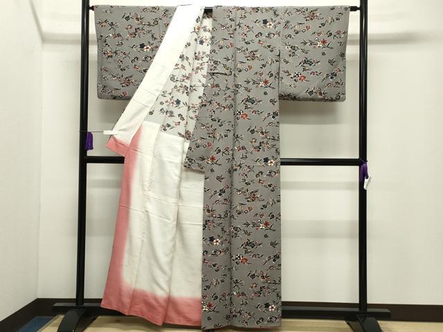 平和屋着物●上質な小紋 型染め 枝梅舞蝶文 鬼しぼ縮緬 背抜き仕立て 正絹 逸品 CABI0815gh