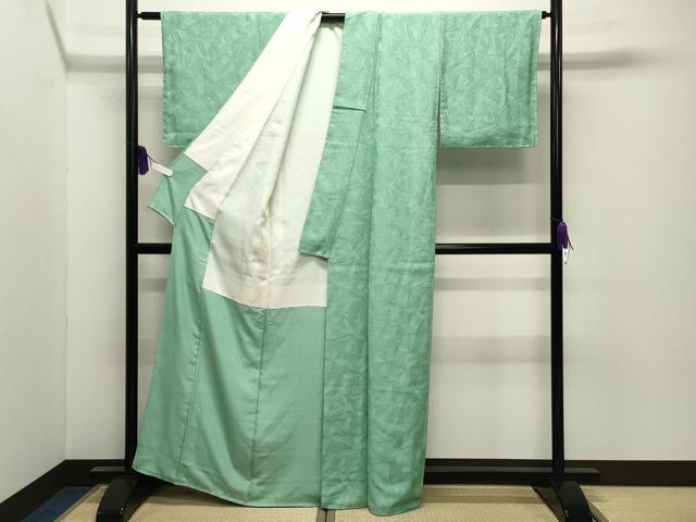 平和屋着物●上質な色無地 舞花地紋 若緑色 正絹 逸品 未使用 CABI0822gh