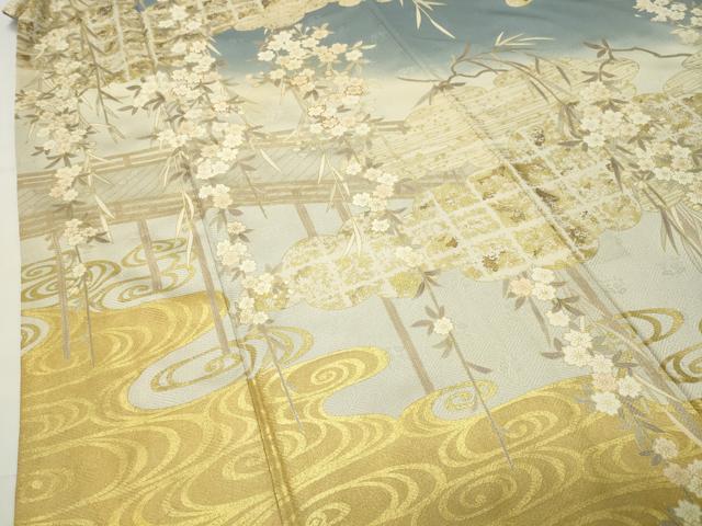 平和屋着物●訪問着 駒刺繍 渡橋枝垂れ桜文 暈し染め 金彩 正絹 逸品 CABI0878gh