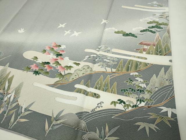 平和屋着物●訪問着 友禅 風景松竹梅飛鳥文 暈し染め 正絹 逸品 CABI0939gh