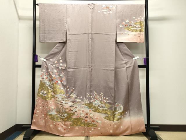 平和屋着物●訪問着 駒刺繍 風景花文 暈し染め 金彩 正絹 逸品 CABI0943gh