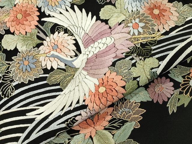 平和屋着物●中国三大刺繍 蘇州刺繍 総刺繍 黒留袖 群鶴立波花文 金糸 正絹 逸品 CABI0960gh