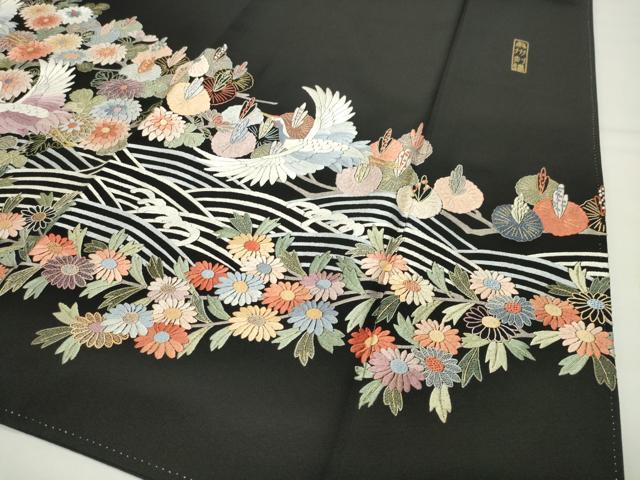 平和屋着物●中国三大刺繍 蘇州刺繍 総刺繍 黒留袖 群鶴立波花文 金糸 正絹 逸品 CABI0960gh
