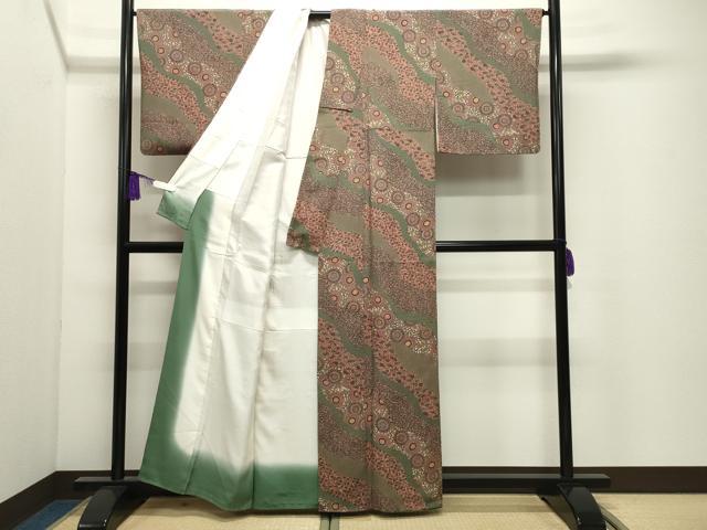 平和屋着物●重要無形文化財・伊勢手彫型本染・細合俊男 小紋 菊花唐草文 鬼しぼ縮緬 正絹 逸品 CABI0978gh