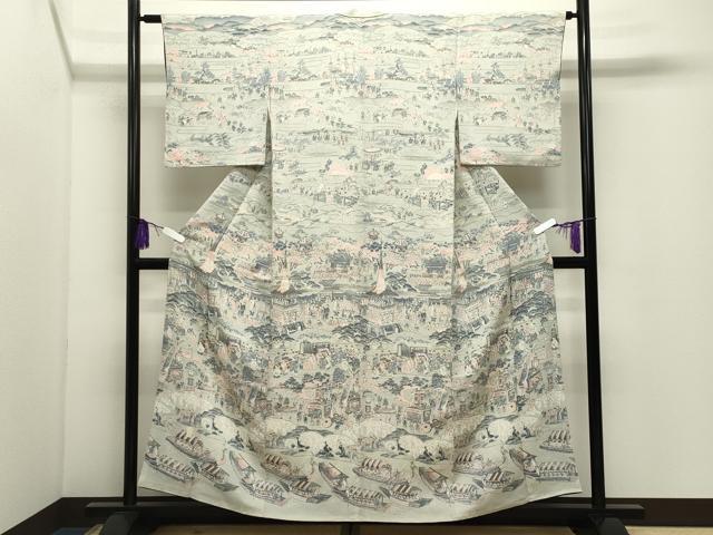 平和屋着物●訪問着 人物風景文 鬼しぼ縮緬 正絹 逸品 CABI0983gh