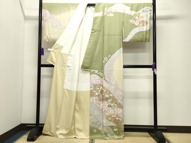 平和屋着物●訪問着 駒刺繍 御所車花文 金彩 正絹 逸品 CABI0993gh