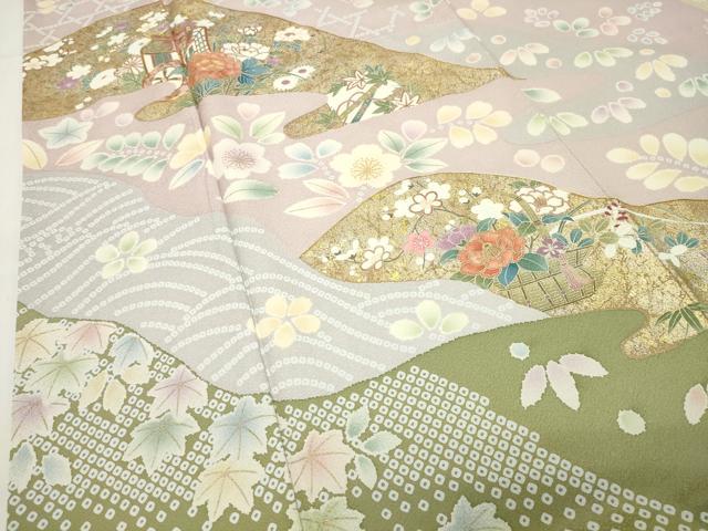 平和屋着物●訪問着 駒刺繍 御所車花文 金彩 正絹 逸品 CABI0993gh