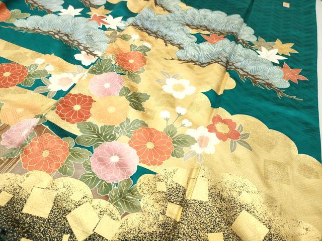 平和屋着物●十日町老舗ブランド 吉澤友禅 吾妻徳穂 振袖 駒刺繍 雲重ね松花文 金彩 正絹 逸品 CABI1057gh