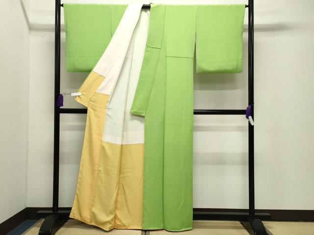 平和屋着物●上質な色無地 黄緑色 鬼しぼ縮緬 正絹 逸品 CABI1124gh