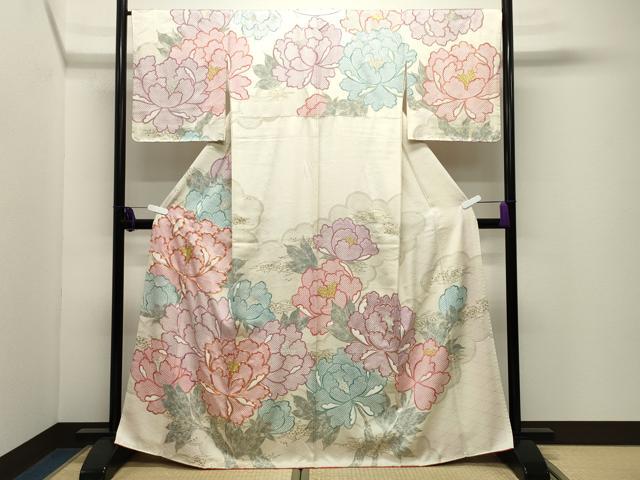 平和屋着物●訪問着 駒刺繍 牡丹花文 金彩 正絹 逸品 CABI1148gh