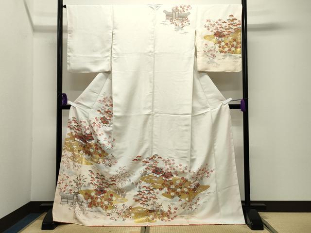 平和屋着物●訪問着 刺繍 風景松竹梅文 暈し染め 金彩 ロング丈 正絹 逸品 CABI1149gh