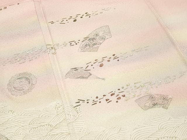 平和屋着物●訪問着 刺繍 立波地紙扇面花文 暈し染め 金銀彩 正絹 逸品 未使用 CABI1167gh