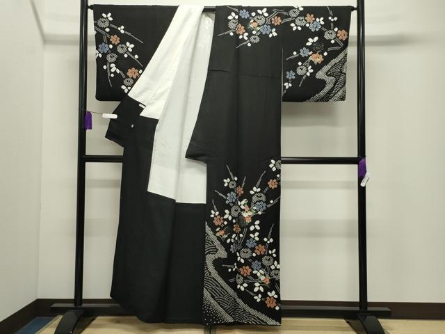平和屋着物●訪問着 絞り 刺繍 草花文 黒地 金銀彩 正絹 逸品 CABI1168gh