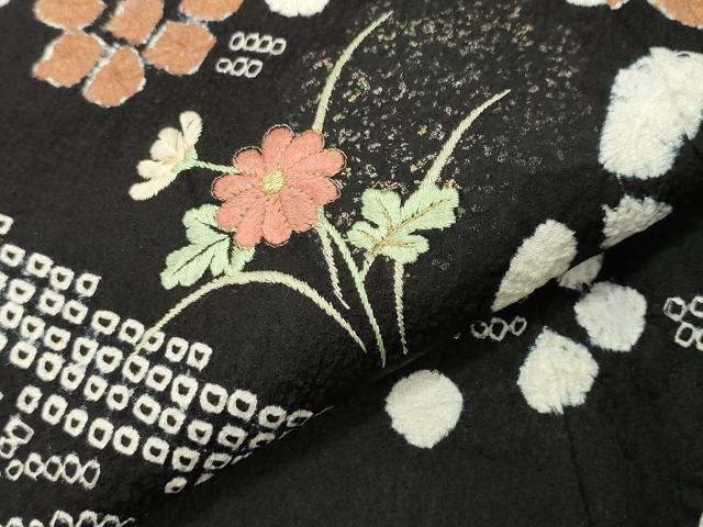 平和屋着物●訪問着 絞り 刺繍 草花文 黒地 金銀彩 正絹 逸品 CABI1168gh